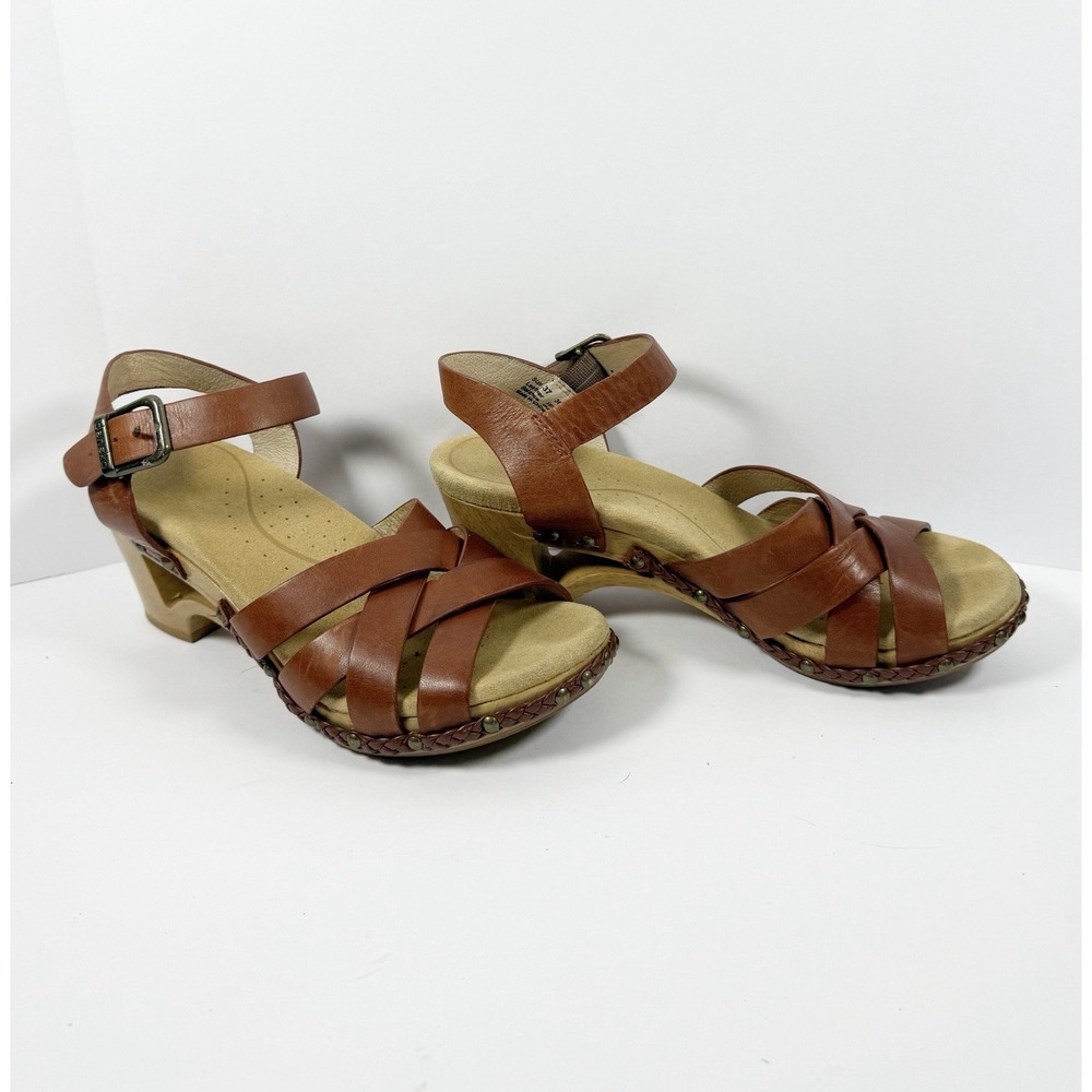 Dansko Strappy Leather Sandals Wood Wedge Heel Ankle Buckle Brown Comfort 37/7 - Picture 4 of 16